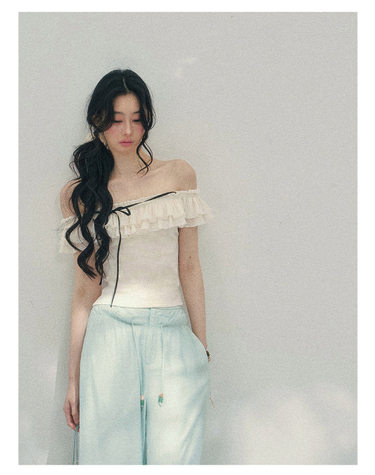 ShaoYeYan Aomalm White Pear Falls on Shoulder Off-Shoulder Ruffle Tee