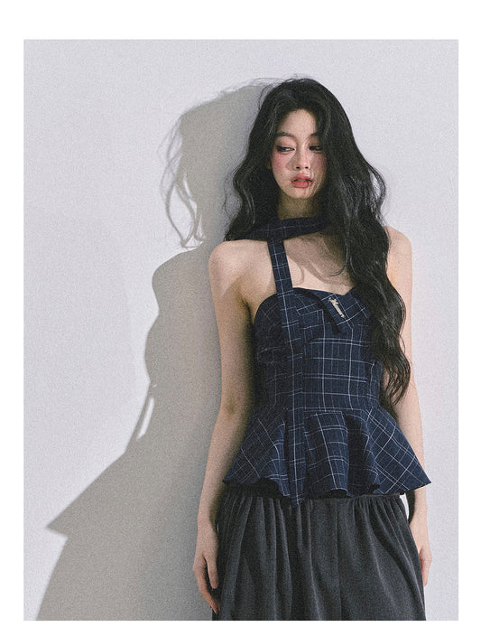 ShaoYeYan Blue Rhythm American Style Plaid Crop Top