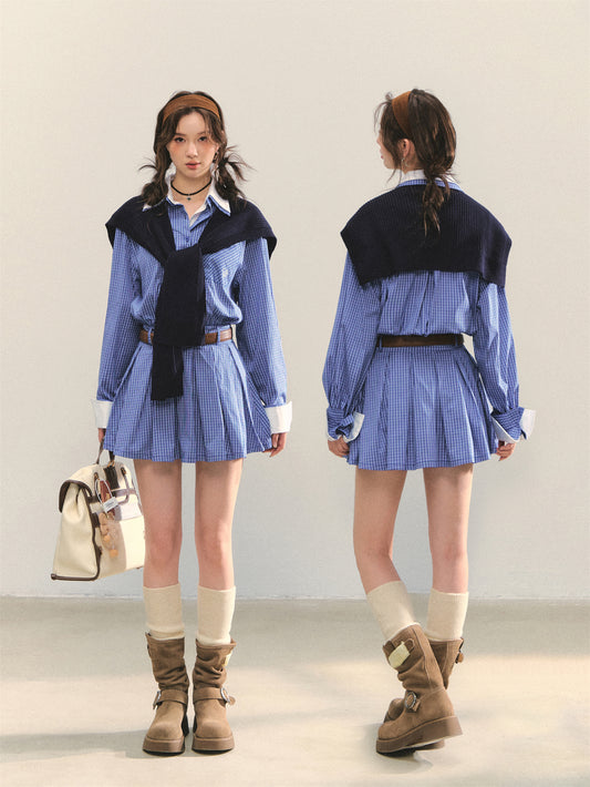 AsGony MIU Style Cape Fake Two-Piece Dress