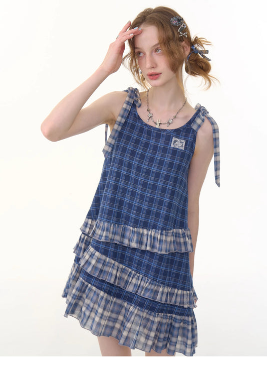 ziziFei Retro Blue Gingham Dress