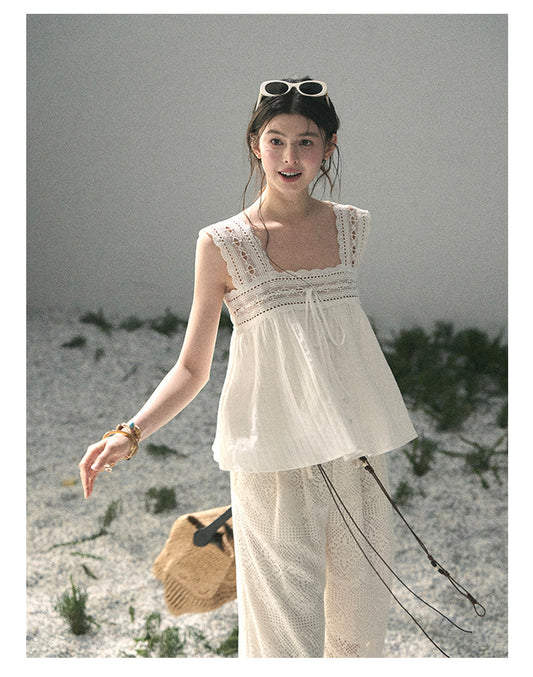 ShaoYeYan Aomalm Summer Light Through Gauze French Square Neck Lace Blouse