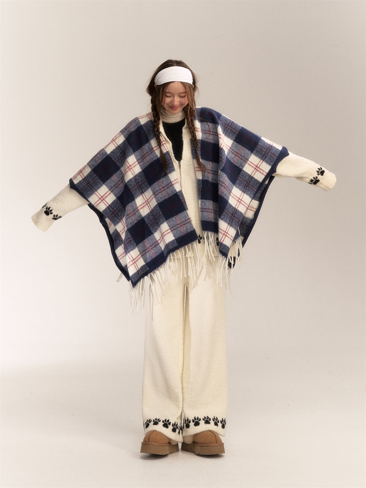 AsGony Wool Blend Plaid Fringe Scarf Wrap