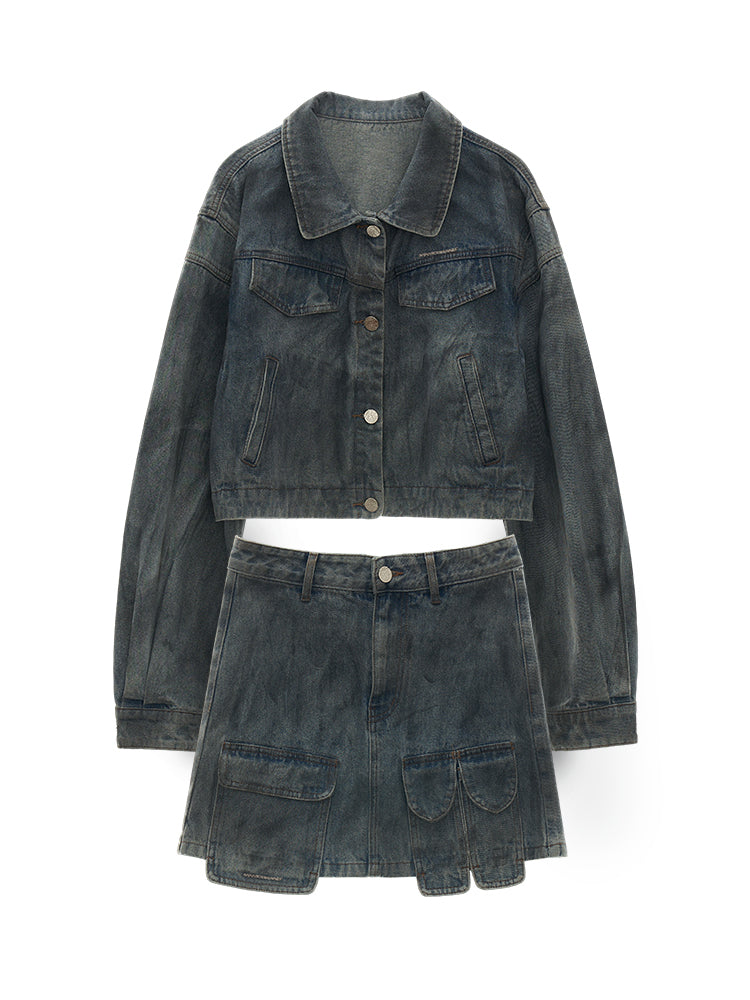 MAMC Distressed Denim Jacket & Mini Skirt