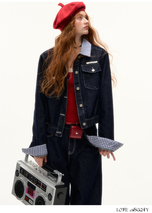 AsGony American Retro Hong Kong Style Plaid Denim Set