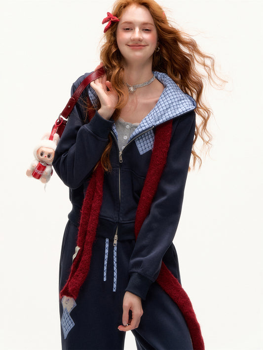 AsGony Retro Academic Style Slim Fit Plaid Patchwork Sweatshirt & Straight Leg Jogger Set