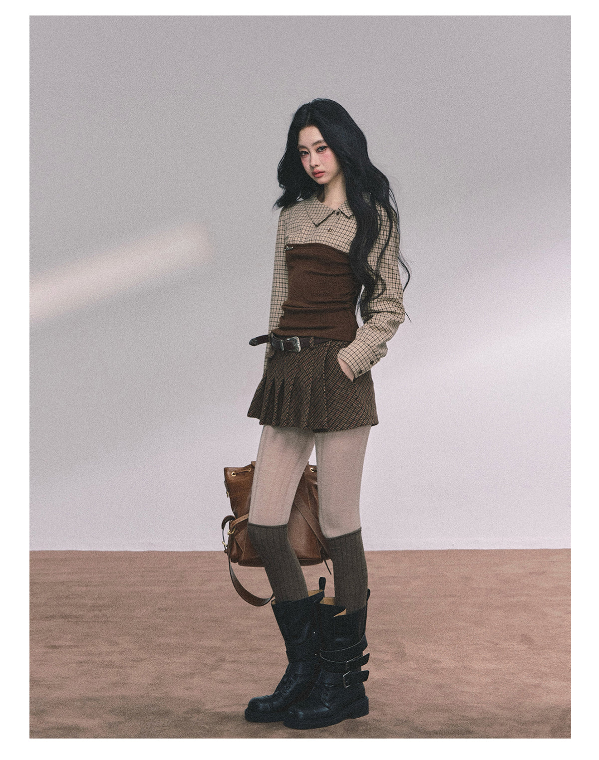 ShaoYeYan U.S. Study Abroad Outfit Fake Two-Layer Plaid Knit T-Shirt