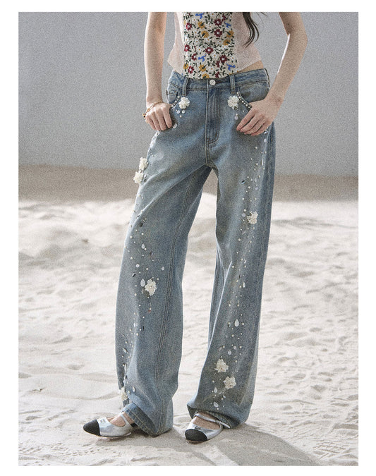 ShaoYeYan Aomalm Gentle Star Path Hand-Embellished Floral Jeans