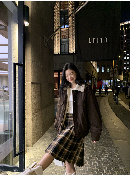 Pusumede Plaid Pleated Midi Skirt