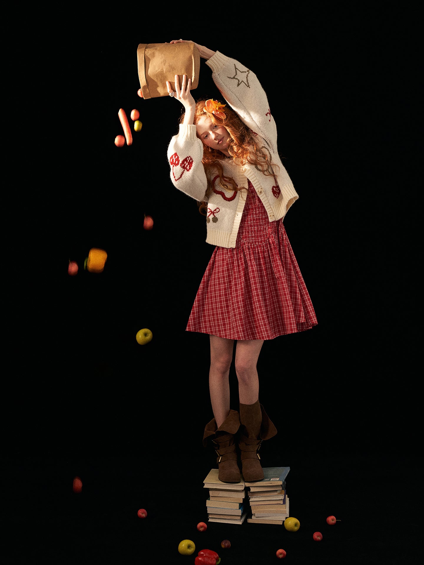 MAMC Apple Cherry Print Lazy Knit Sweater