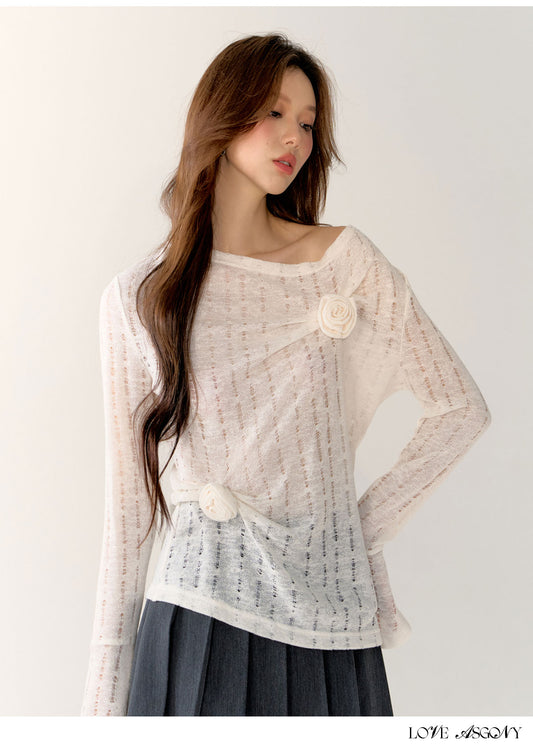AsGony Hollow-Knit 3D Floral Sweater