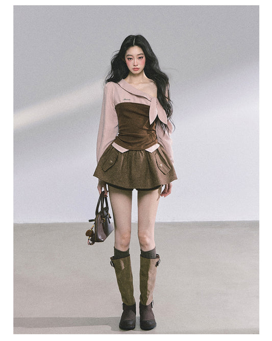 ShaoYeYan Fake Two-Piece Off-Shoulder Plaid T-Shirt