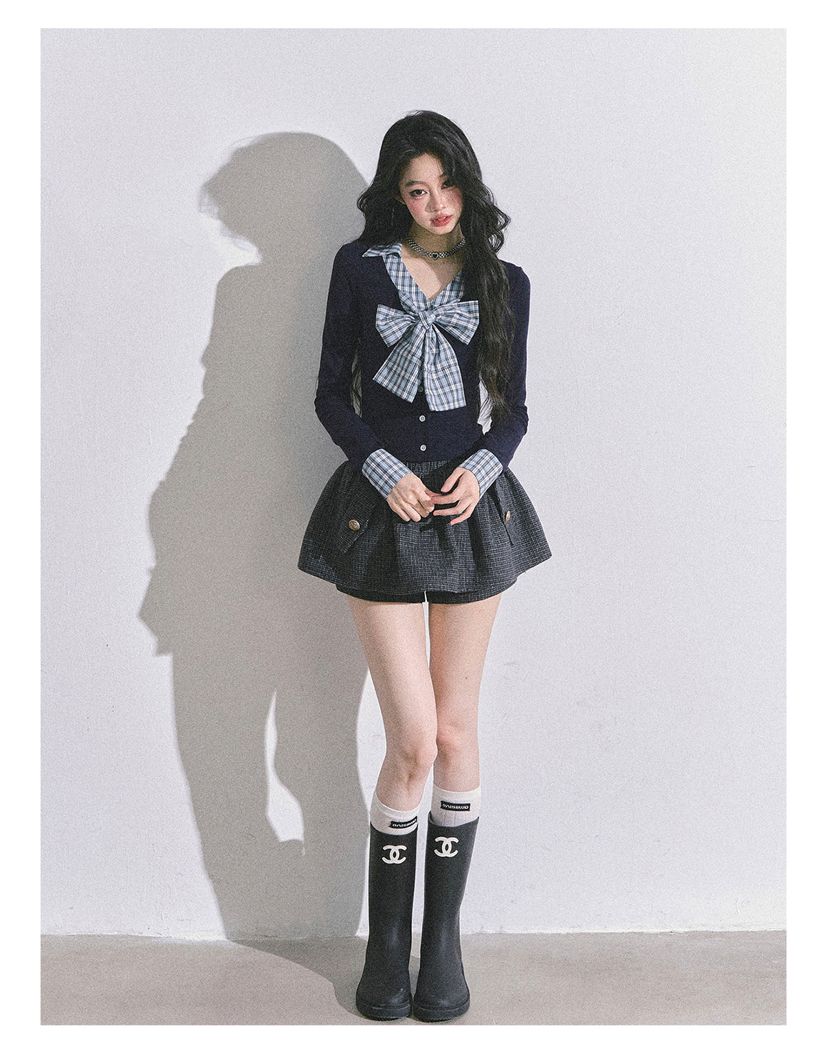ShaoYeYan Ivy Plaid Verse Fake Two-Layer Bow Plaid T-Shirt