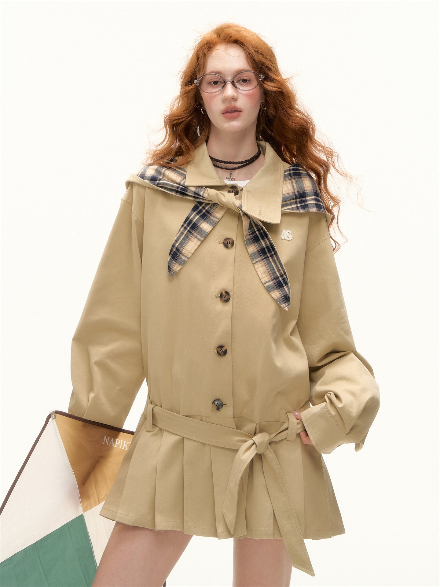 AsGony Detachable Bunny Hood Pleated Trench Dress