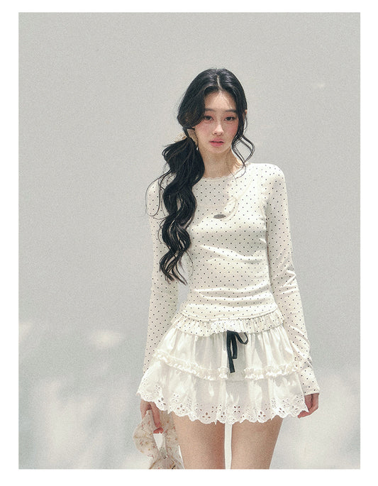 ShaoYeYan Aomalm Milk-Sweet Art Student Fake Two-Layer Polka Dot Tee