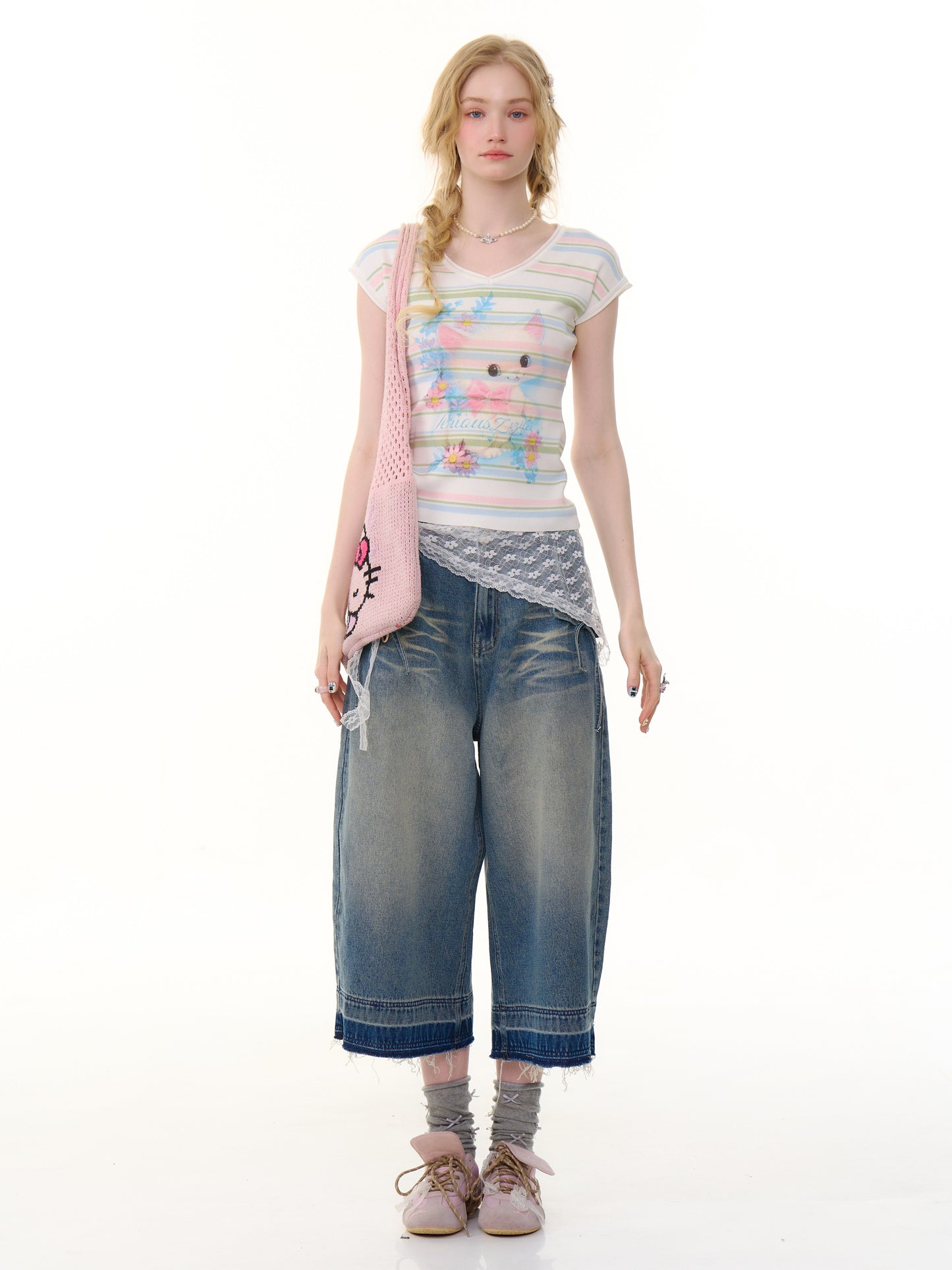 ziziFei Retro Cat Stripe Tee