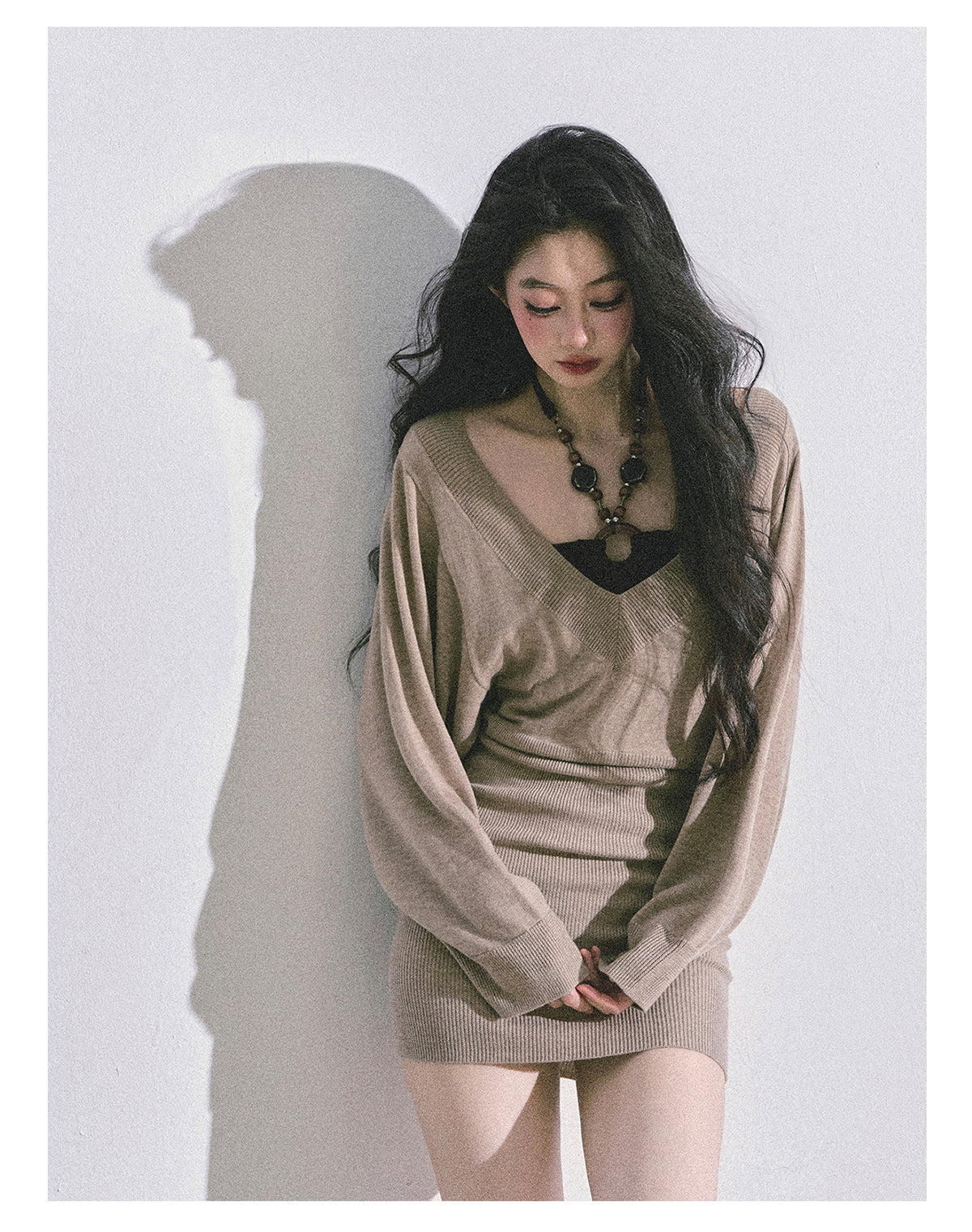 ShaoYeYan Golden Sweetie French Long Sleeve Knit Dress (included innerwear)