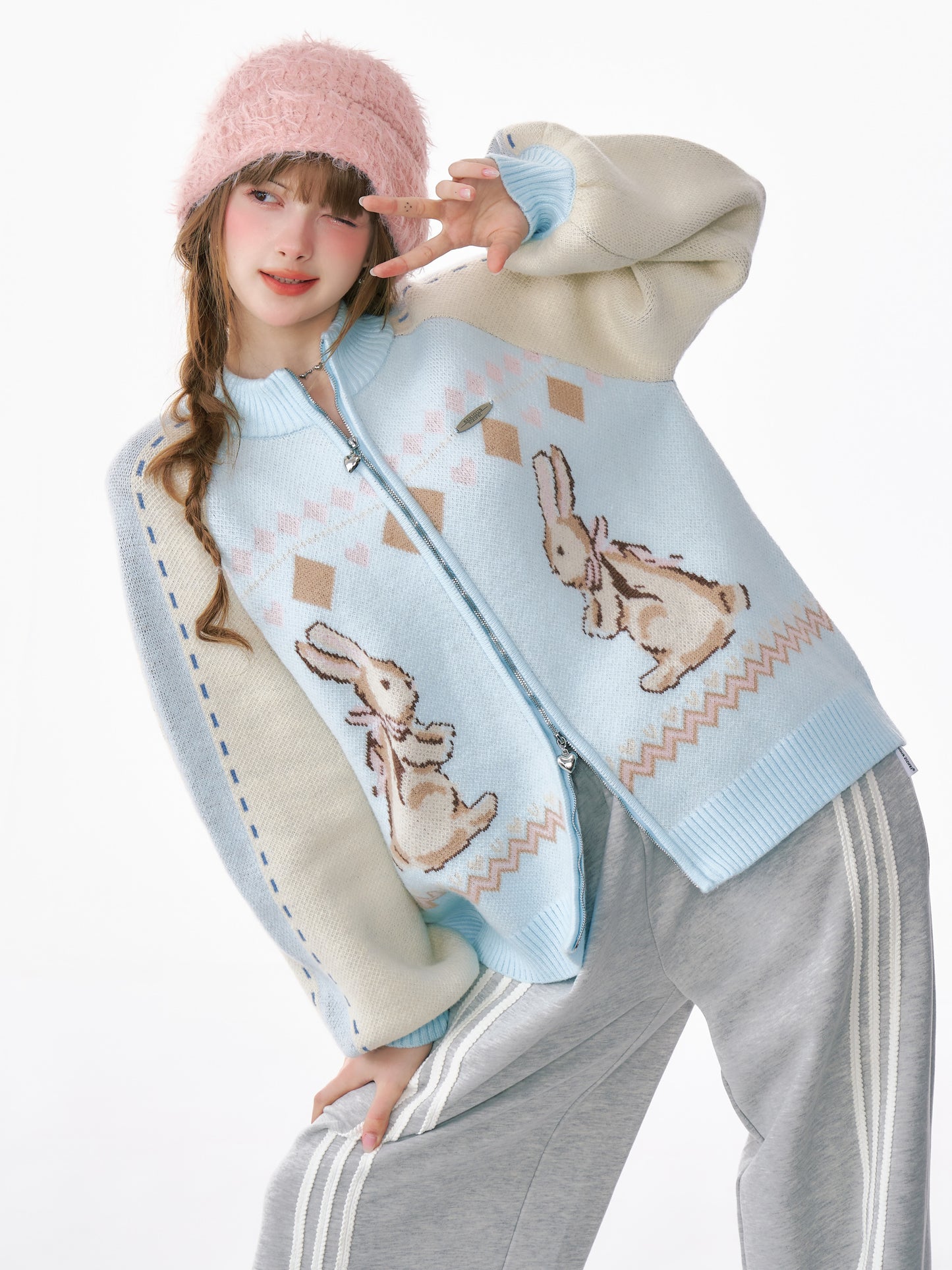 ziziFei Rabbit Print Zip-Up Cardigan