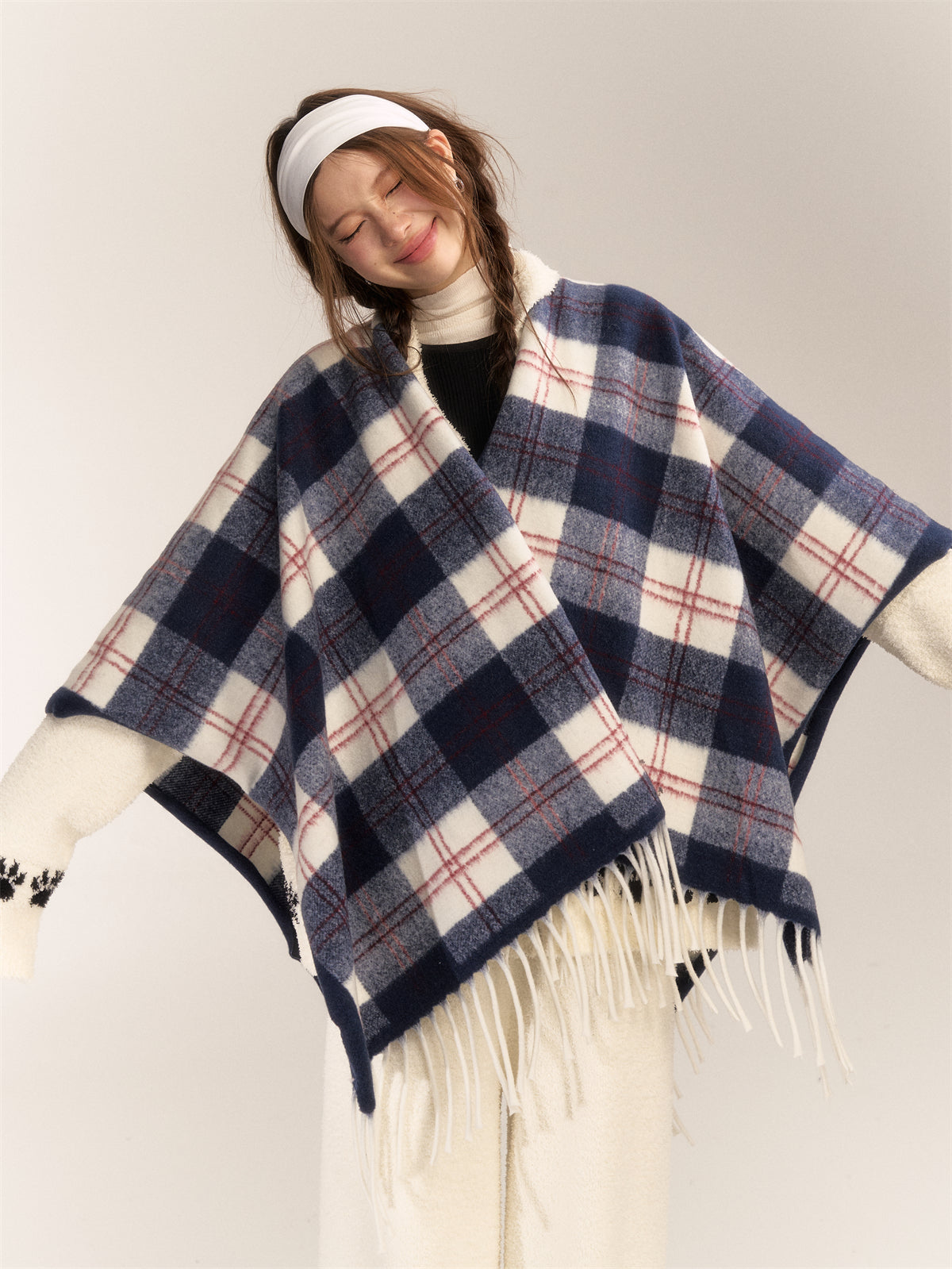 AsGony Wool Blend Plaid Fringe Scarf Wrap