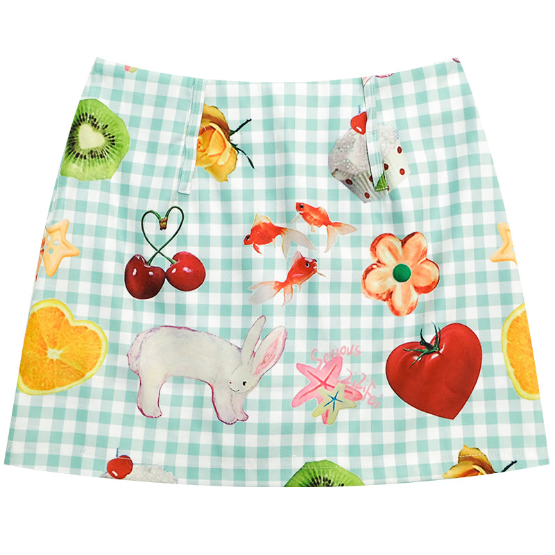 ziziFei Playful Fruit Print High-Waist Mini Skirt