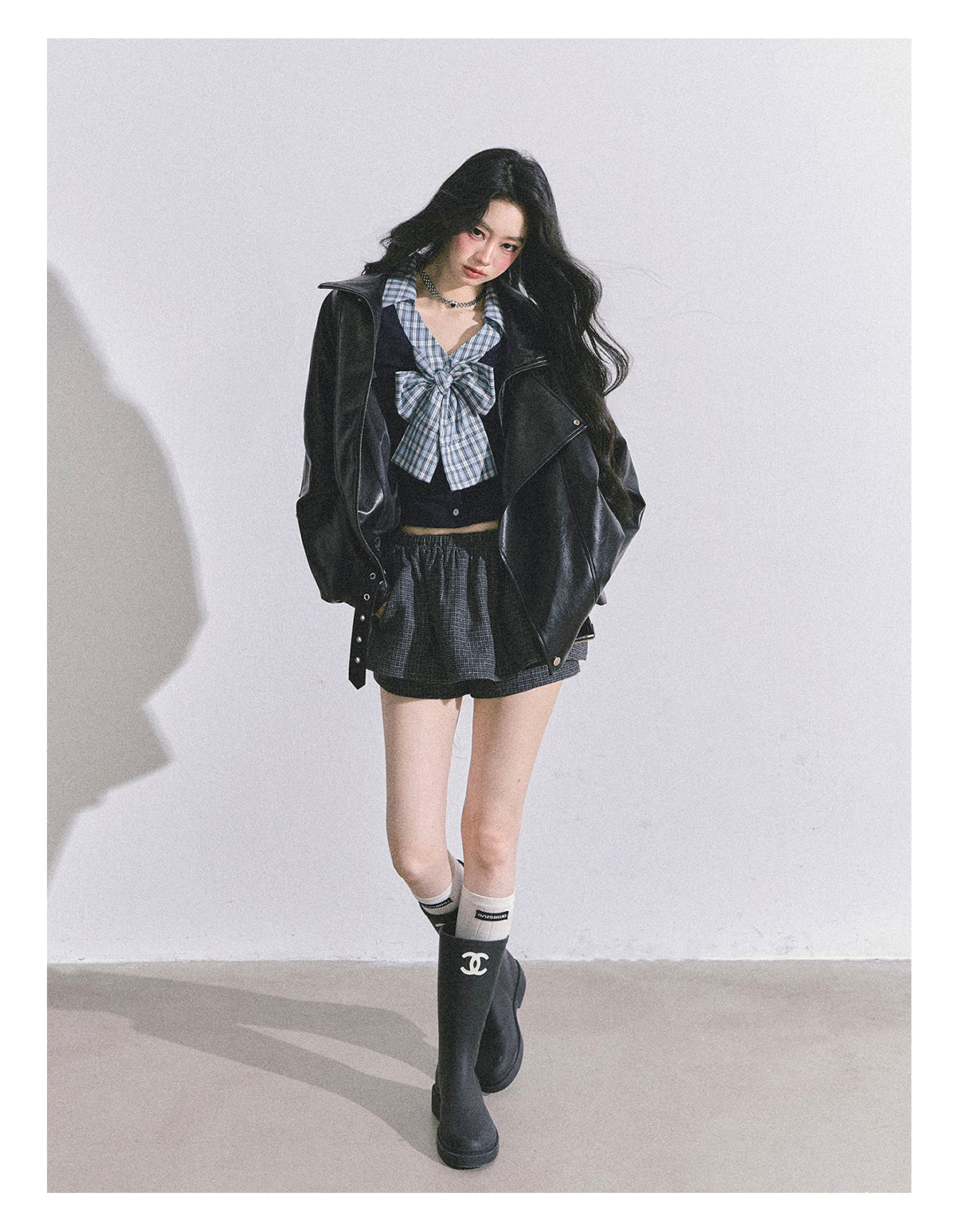 ShaoYeYan Ivy Plaid Verse Fake Two-Layer Bow Plaid T-Shirt
