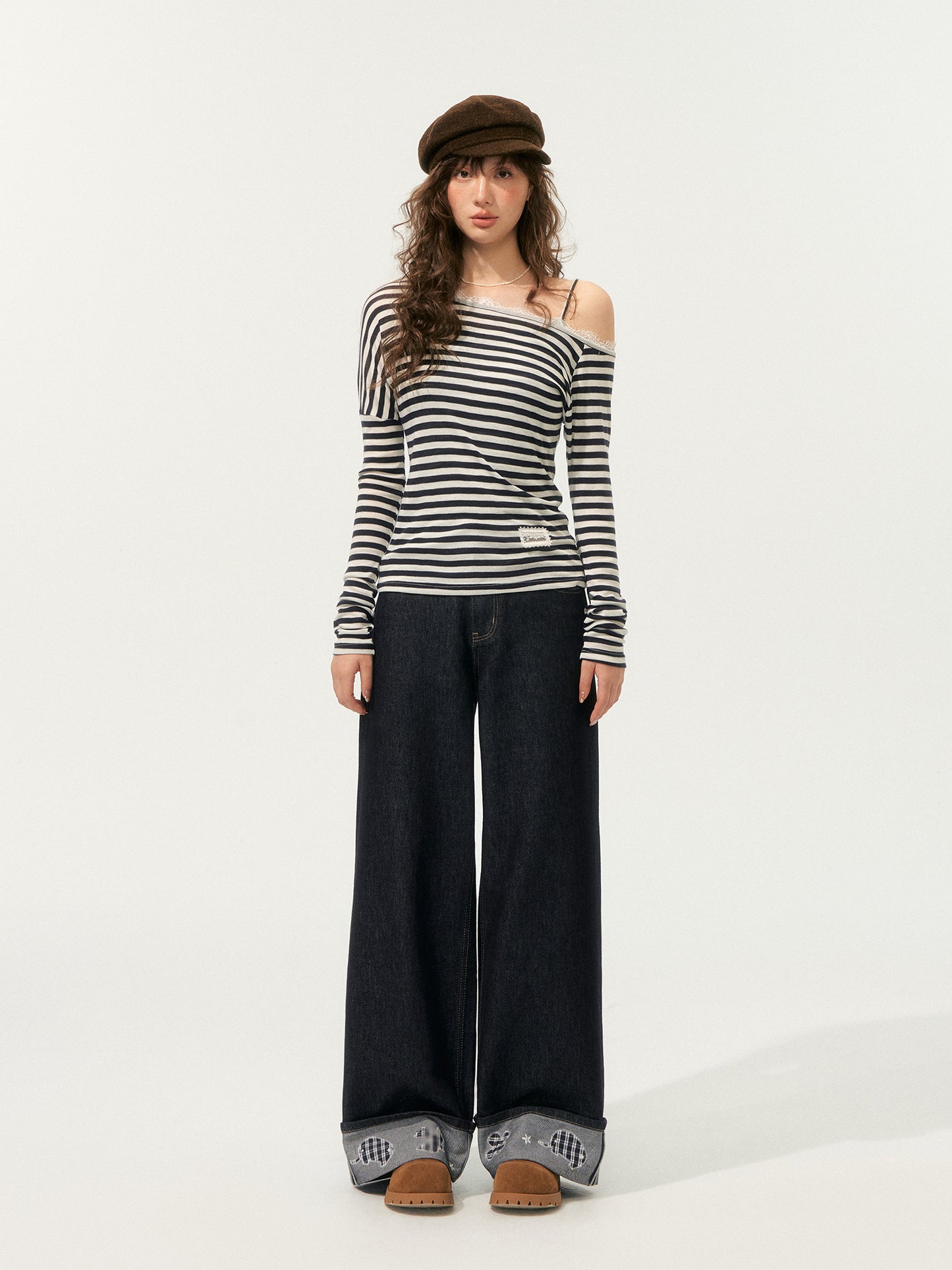 SOMESOWE Off-Shoulder Striped Tee
