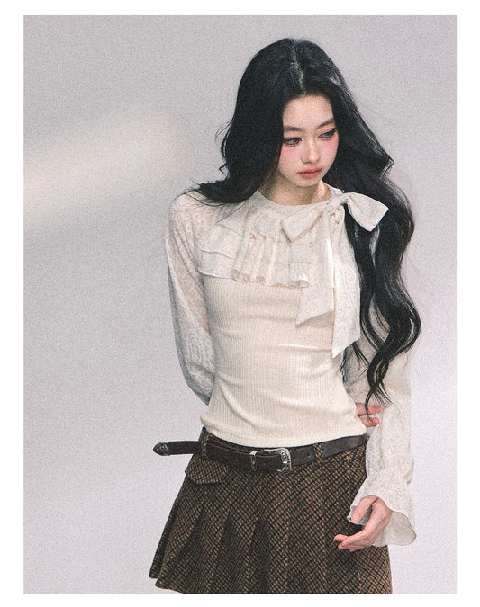 ShaoYeYan White Moonlight Fake Two-Layer French Lace Trim T-Shirt