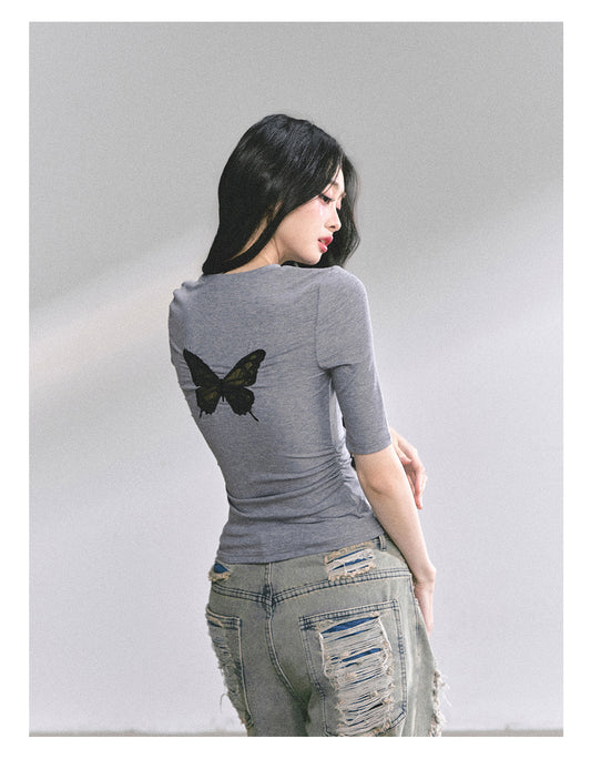 SHAOYEYAN Back Butterfly Lace Waist-Defining Tee