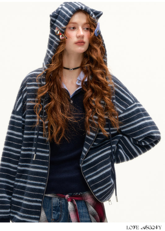 AsGony Plush Striped Colorblock Cat-Ear Hoodie
