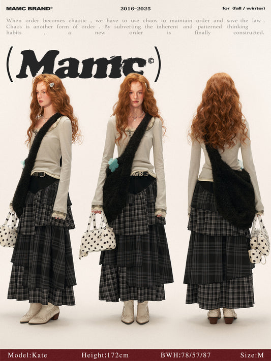 MAMC Denim & Plaid Layered Maxi Skirt