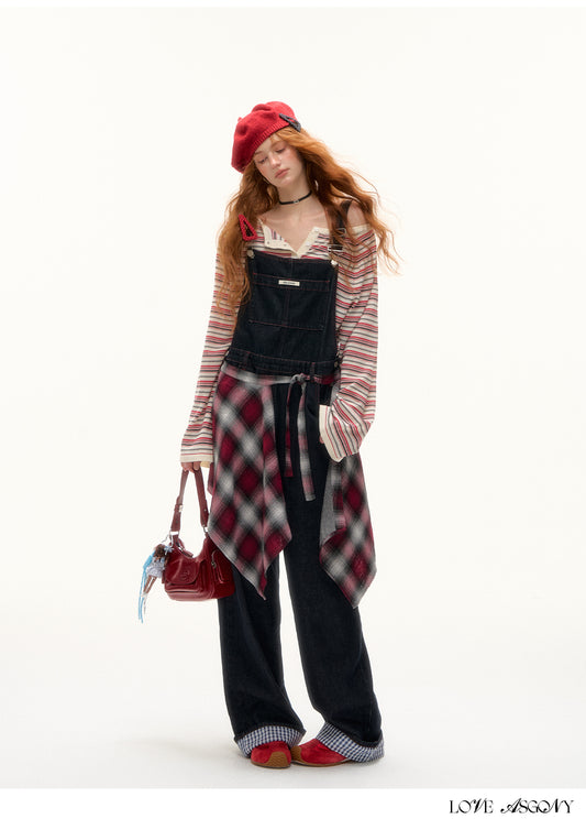 AsGony Red Stitch Raw Denim Wide-Leg Jumpsuit