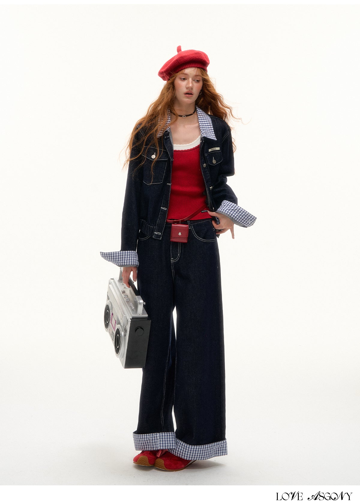 AsGony American Retro Hong Kong Style Plaid Denim Set
