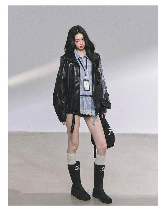 ShaoYeYan Mafia Princess Oversized Slim-Fit Black PU Leather Jacket