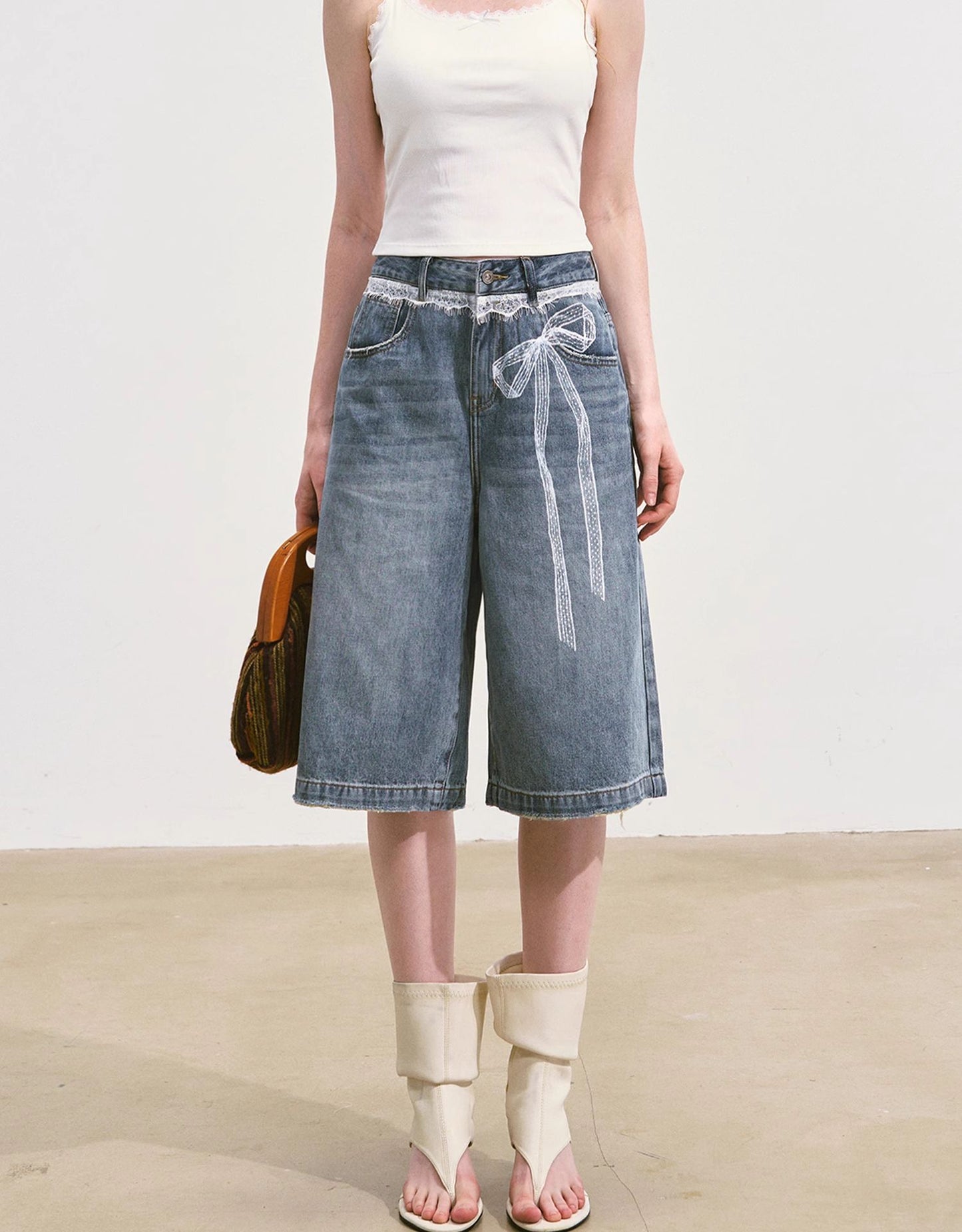 SOMESOWE Lace-Print Denim Culottes