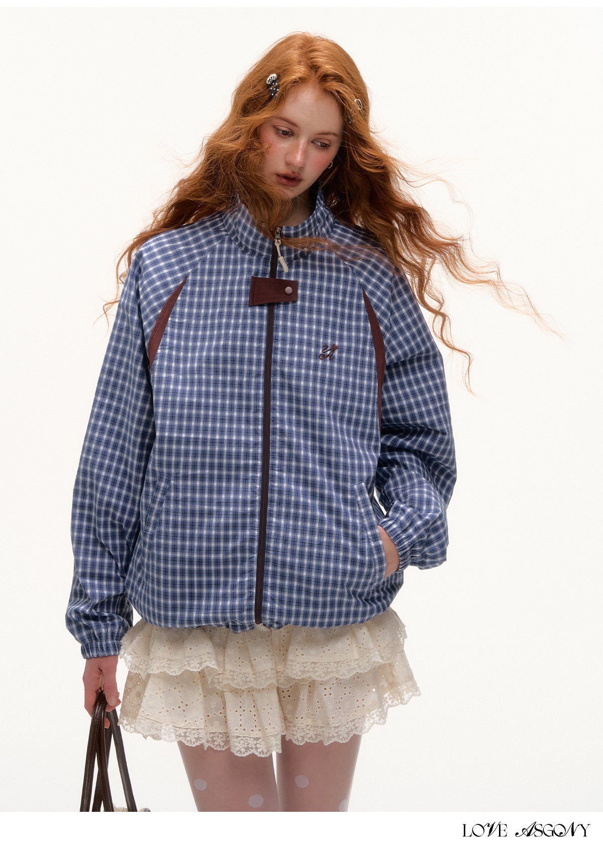 AsGony Retro Plaid Colorblock Windbreaker