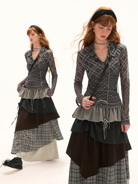 MAMC Sheer Gradient Plaid Top