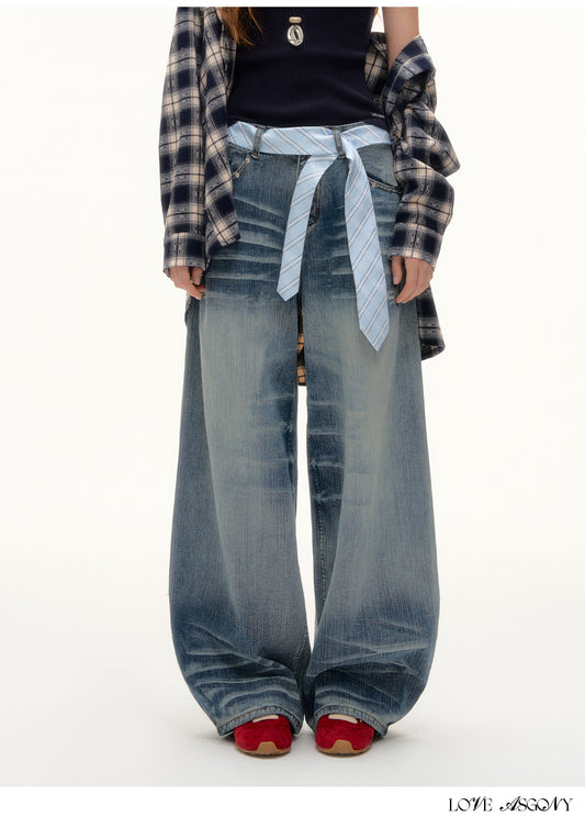 AsGony Tie-Dye Beaded Embellished Washed Jeans