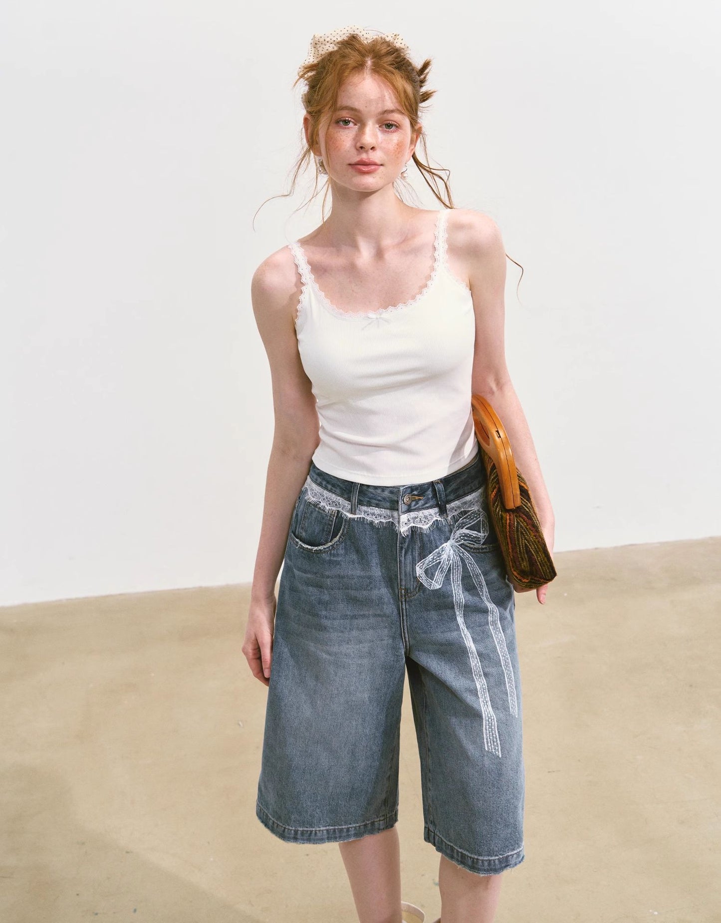 SOMESOWE Lace-Print Denim Culottes