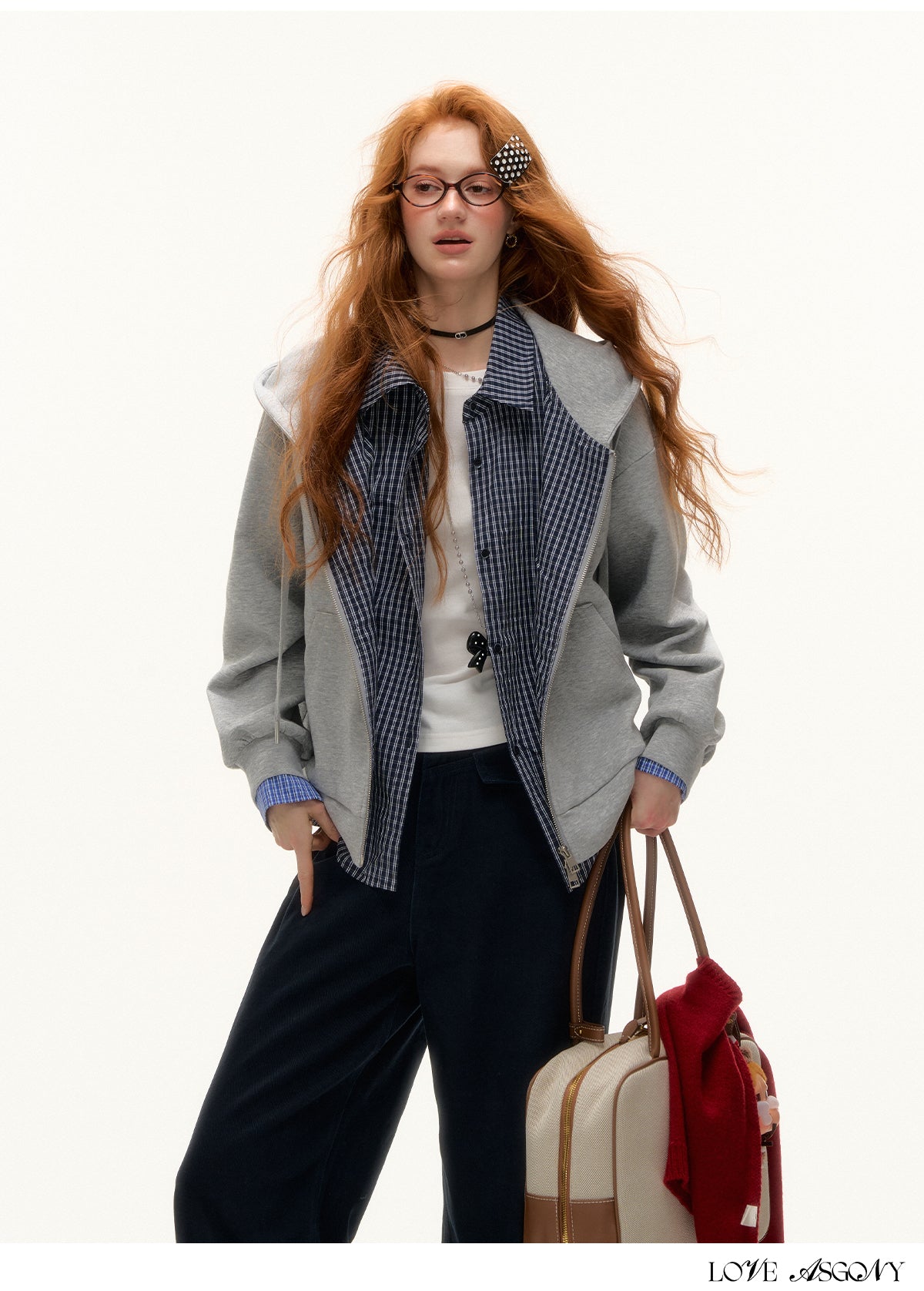 AsGony Fake Two-Piece Plaid Zip-Up Hoodie