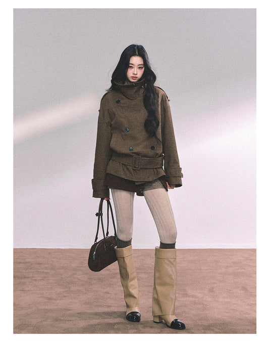 ShaoYeYan Sunset Harbor French British Style Plaid Trench Coat