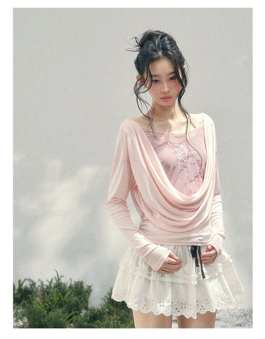 ShaoYeYan Aomalm Summer Inflorescence Fake Two-Layer Rose Embroidered Blouse