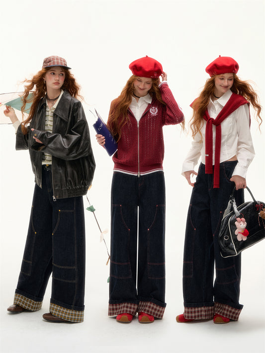 AsGony Black Plaid Panel Wide-Leg Jeans