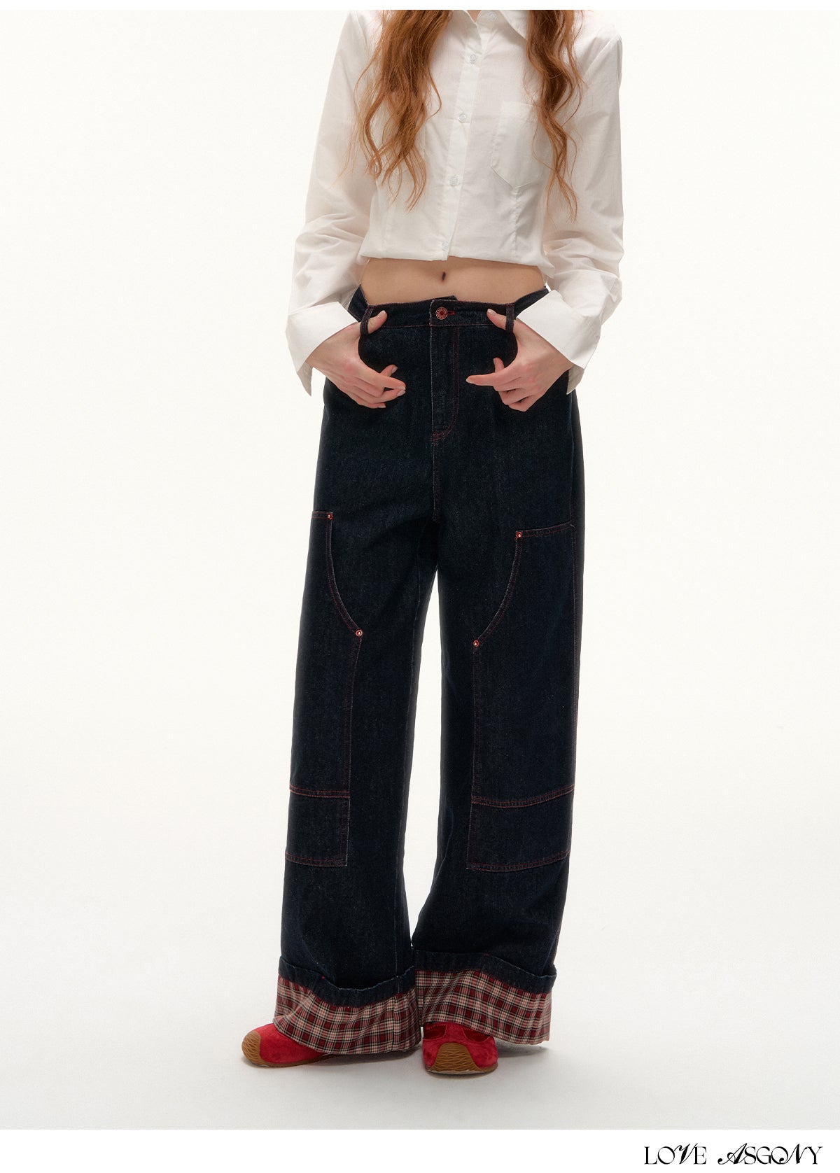 AsGony Black Plaid Panel Wide-Leg Jeans