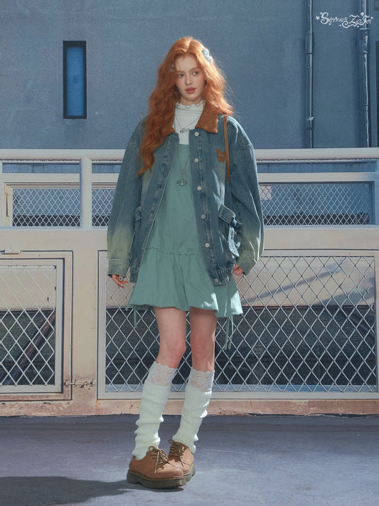 ZiziFei Corduroy-Collar Denim Jacket