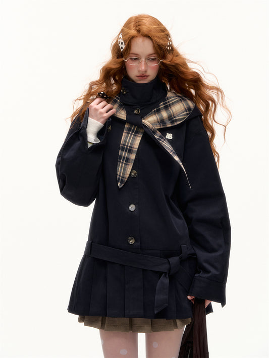AsGony Detachable Bunny Hood Pleated Trench Dress
