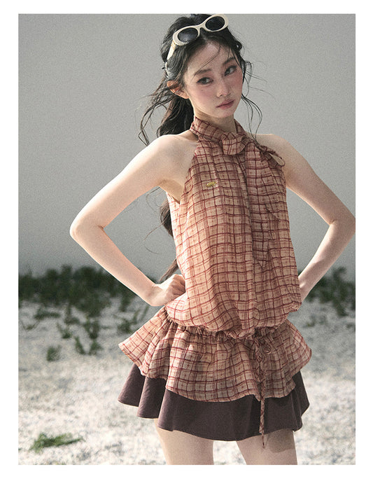 ShaoYeYan Aomalm Maple Red Whisper French Plaid Halter Top