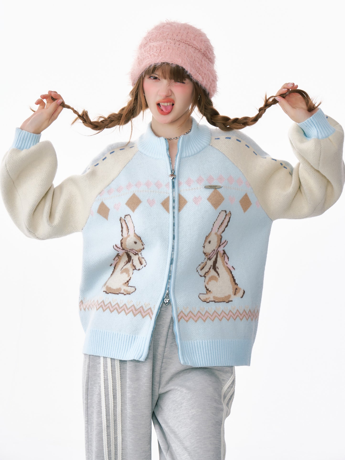 ziziFei Rabbit Print Zip-Up Cardigan