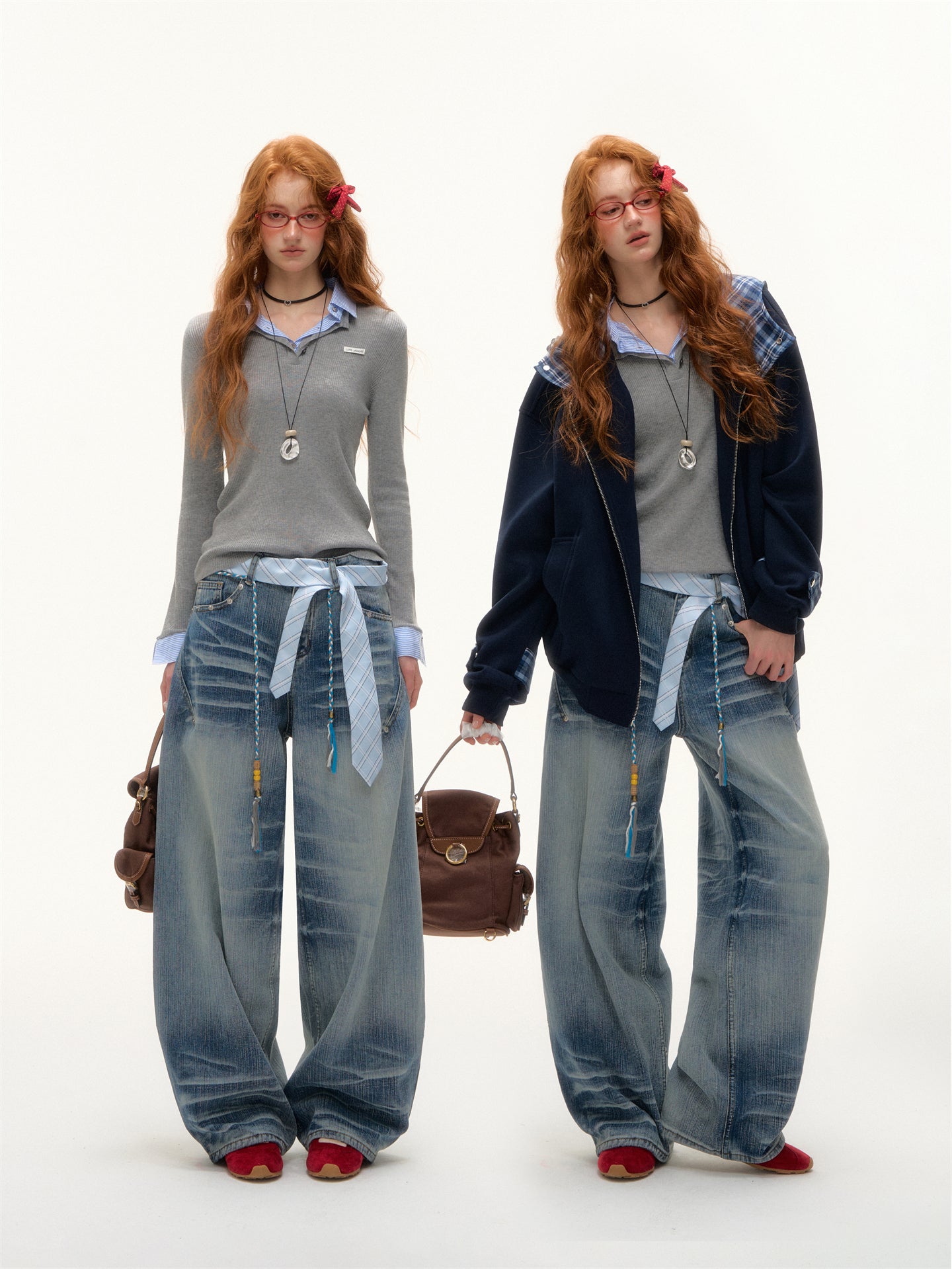 AsGony Tie-Dye Beaded Embellished Washed Jeans