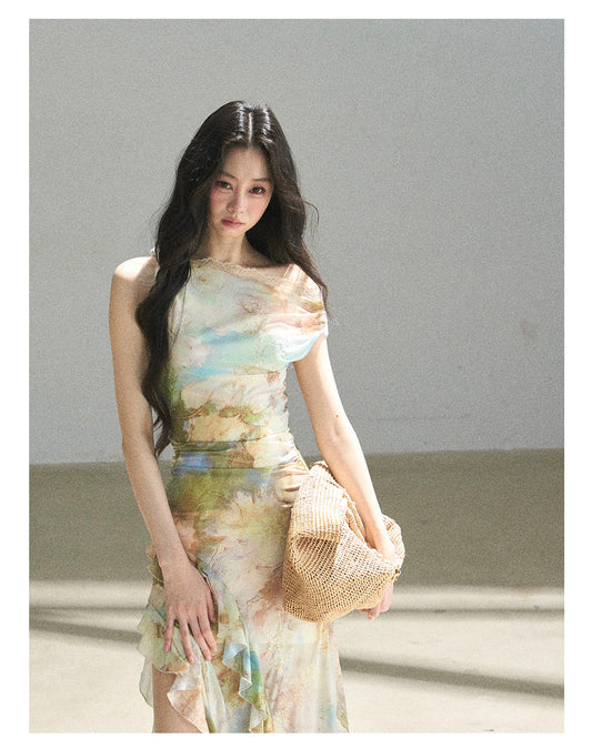 ShaoYeYan Aomalm Daisies & Corn Poppies Off-Shoulder Painting Print Dress