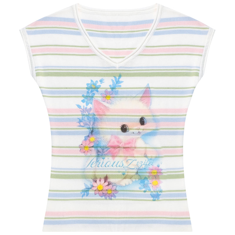 ziziFei Retro Cat Stripe Tee