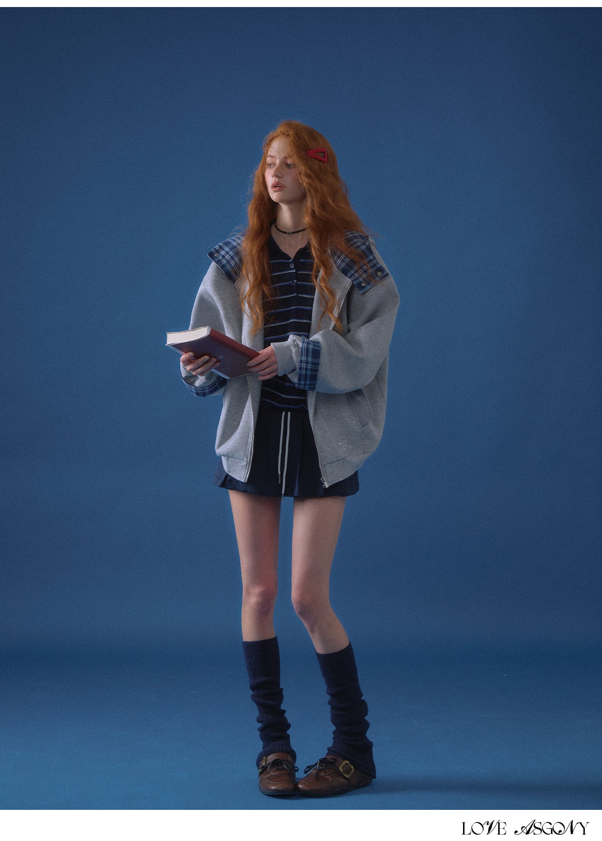 AsGony Plaid Panel Oversized Hooded Zip-Up